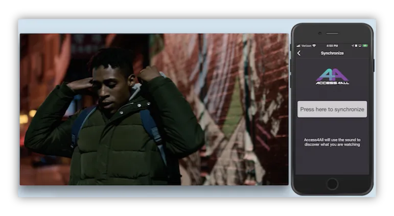 A man puts on a hoodie. To the right, the All4access app runs on a phone.
