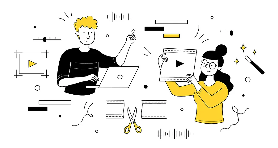 Cartoon: Two people brainstorm an idea using technology.