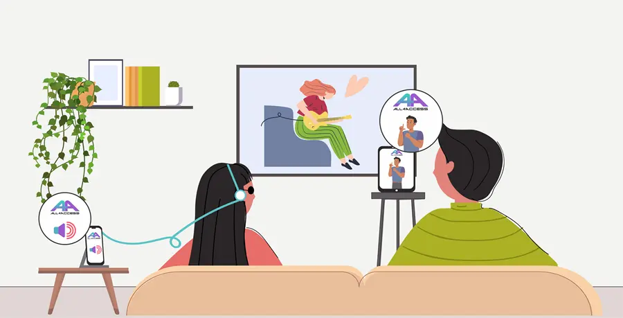 A couple watches TV. Both use the All4Access app. She uses it to listen to an audio description, and he uses it to watch ASL.