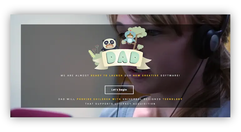 A girl with headphones. Over her image, a transparent background shows a yellow banner with the letters DAD.