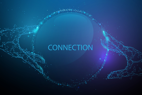 Illustration. Two hands, made of bright blue lines, touch a sphere with the word connection. The sphere lights up at the points where the fingertips touch it.