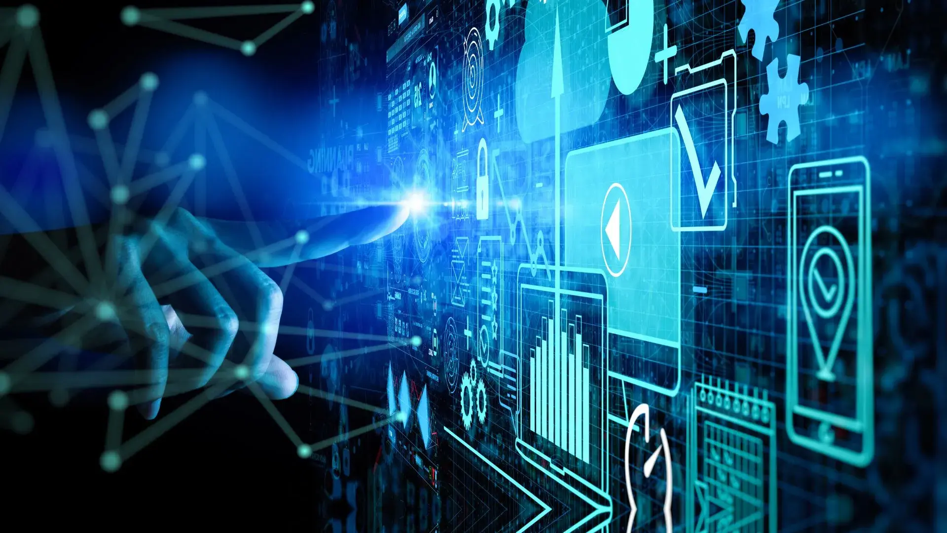 A hand interacts with a digital interface displaying various icons, illustrating technology and user engagement.